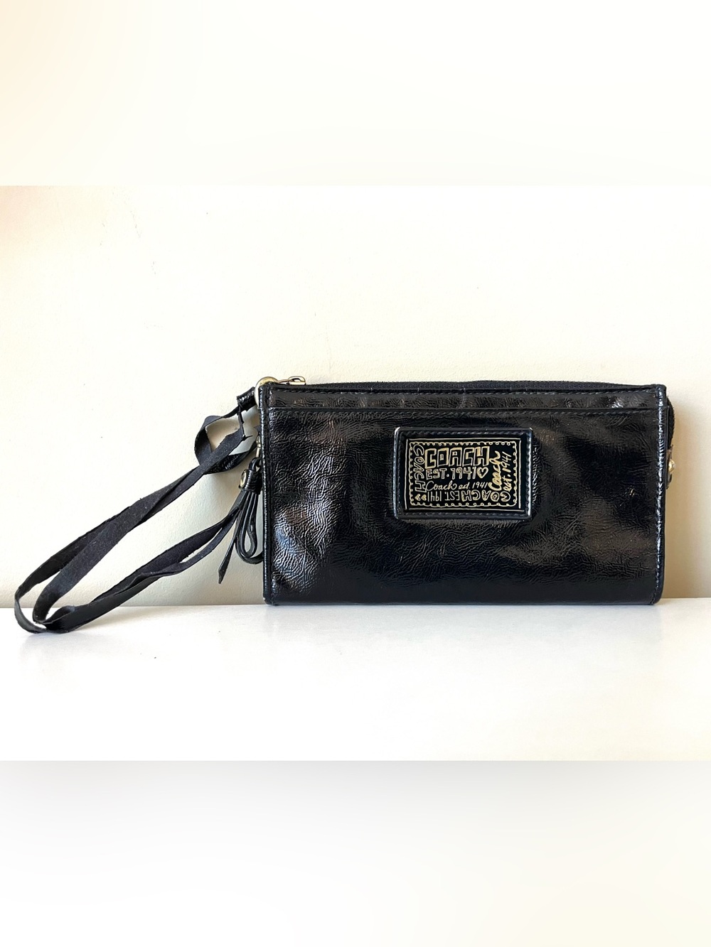 Coach Poppy Black Textured Leather ZipAround Accordion Wallet